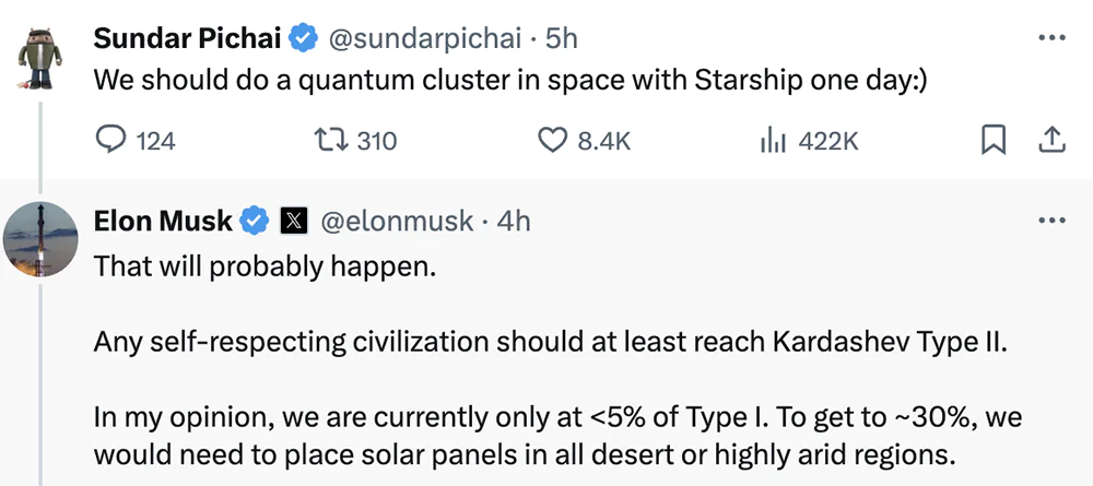 After Alphabet and Google CEO Sundar Pichai officially announced this milestone, Elon Musk immediately commented “Wow.” The two continued their discussion in the comments