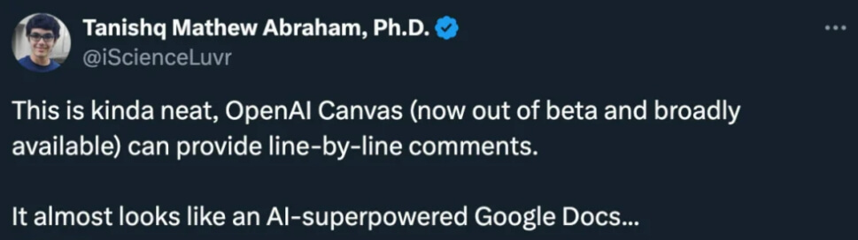 Following these updates, Stability AI Research Lead Tanishq Mathew Abraham remarked that Canvas now feels like a super-intelligent version of Google Docs