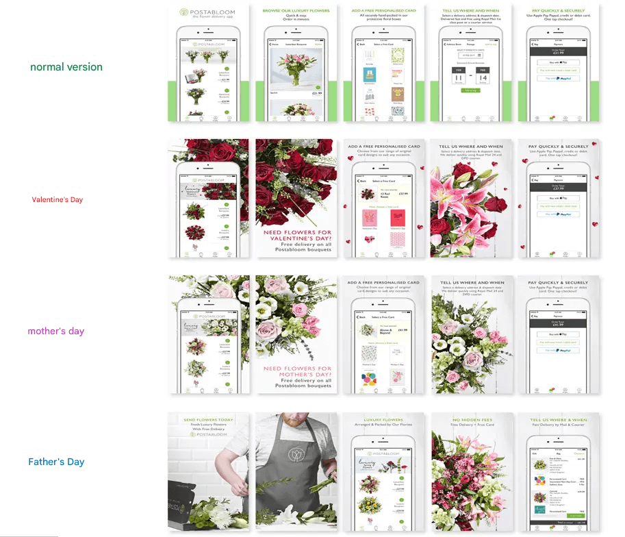 Postabloom, a flower delivery service from the UK, prepared impressive app screenshots for Valentine’s Day, Mother’s Day, and Father’s Day. Although it has since been taken down, its seasonal screenshots still serve as a good example.